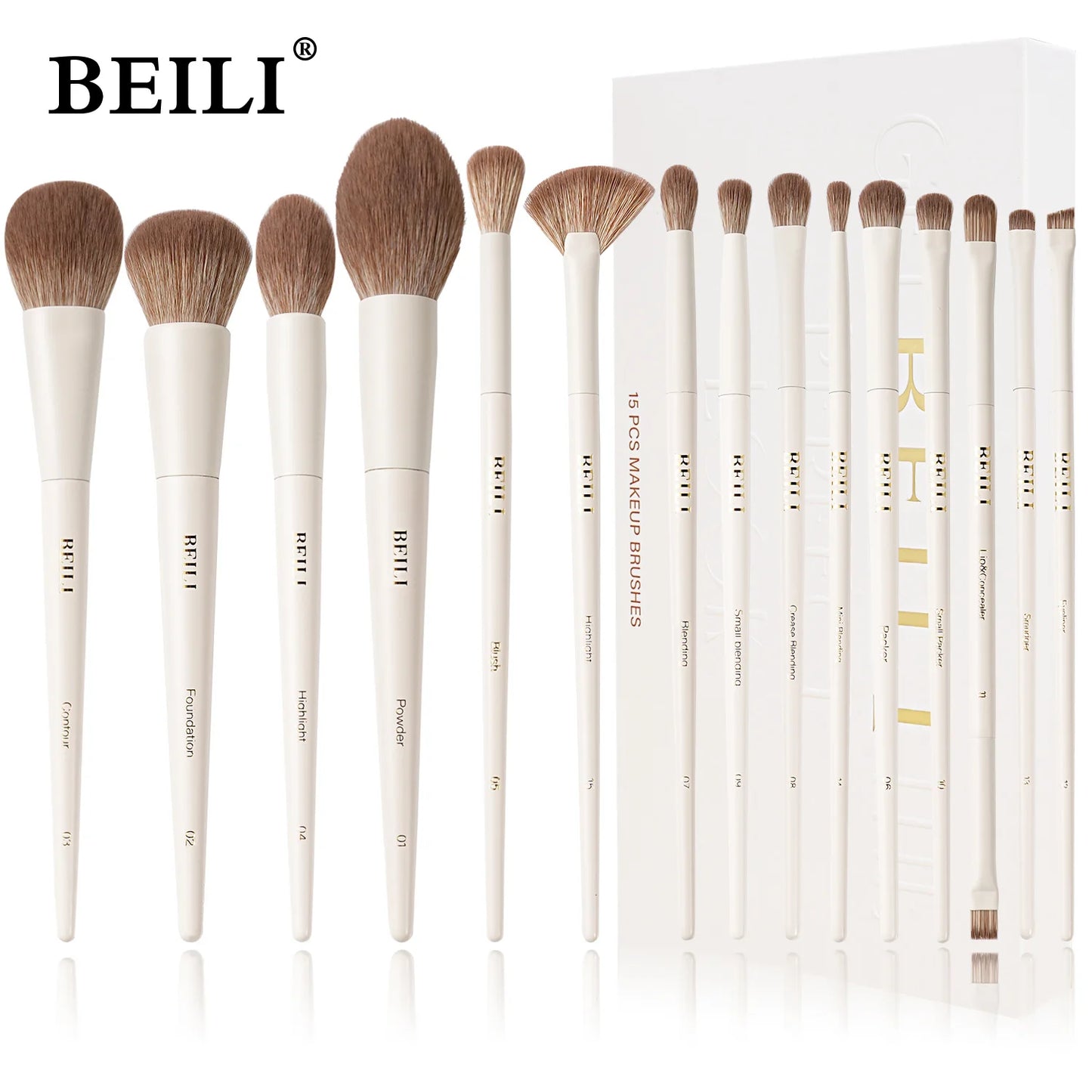 BEILI Professional Makeup Brush Set 15Pcs Beige Soft Hair Foundation Powder Blush Eyeshadow Contour Eyeliner Blush Cosmetics Kit