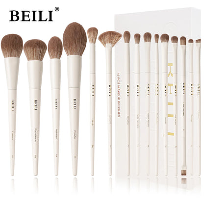 BEILI Professional Makeup Brush Set 15Pcs Beige Soft Hair Foundation Powder Blush Eyeshadow Contour Eyeliner Blush Cosmetics Kit