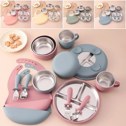 Kids 7PCS Stainless Steel & Silicone Feeding Set Sucker Dishes Plate Bowl BPA Free Toddler Bib Fork Spoon Cup Baby Stuff