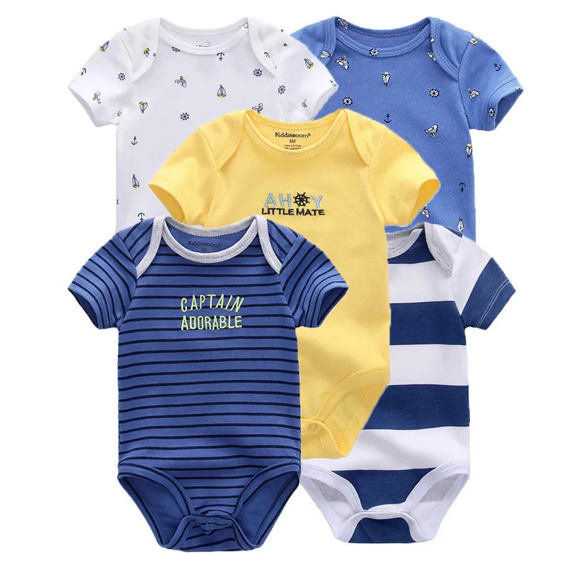 Kiddiezoom 5 Pcs Four Seasons Fashion Cartoon Short Sleeve Baby Boy Girl Bodysuits Soft 100%Cotton Newborn Onesies Clothes