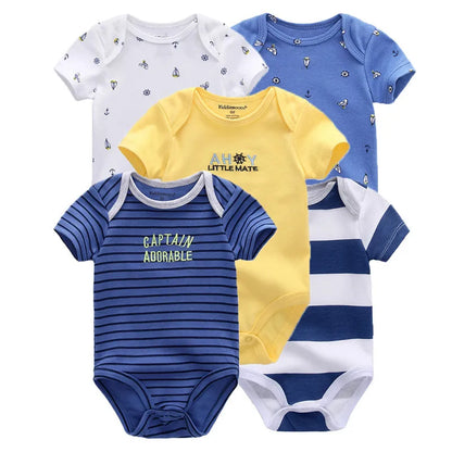 Kiddiezoom 5 Pcs Four Seasons Fashion Cartoon Short Sleeve Baby Boy Girl Bodysuits Soft 100%Cotton Newborn Onesies Clothes