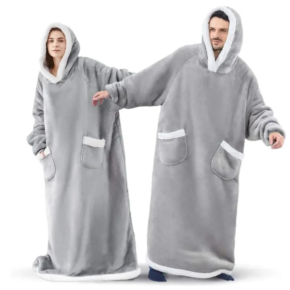 180cm Super Long Flannel Blanket Pyjamas with Sleeves Winter Hoodies Sweatshirt Women Men Pullover Fleece Giant Oversized Outdoor