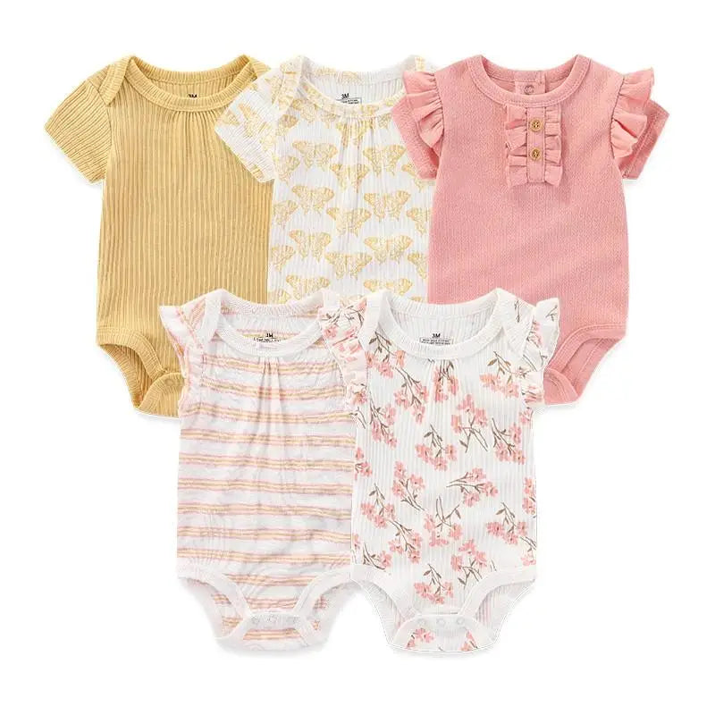 Kiddiezoom 5 Pcs Four Seasons Fashion Cartoon Short Sleeve Baby Boy Girl Bodysuits Soft 100%Cotton Newborn Onesies Clothes