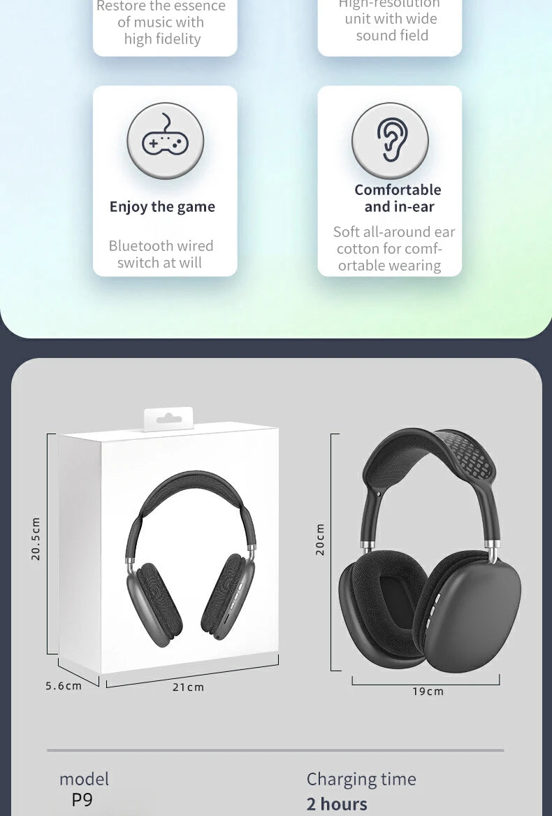 P9 Promax Headphones Wireless Bluetooth Headsets Outdoor Sports Gaming Wireless earphones Supports TF Card for Pc Smartphone