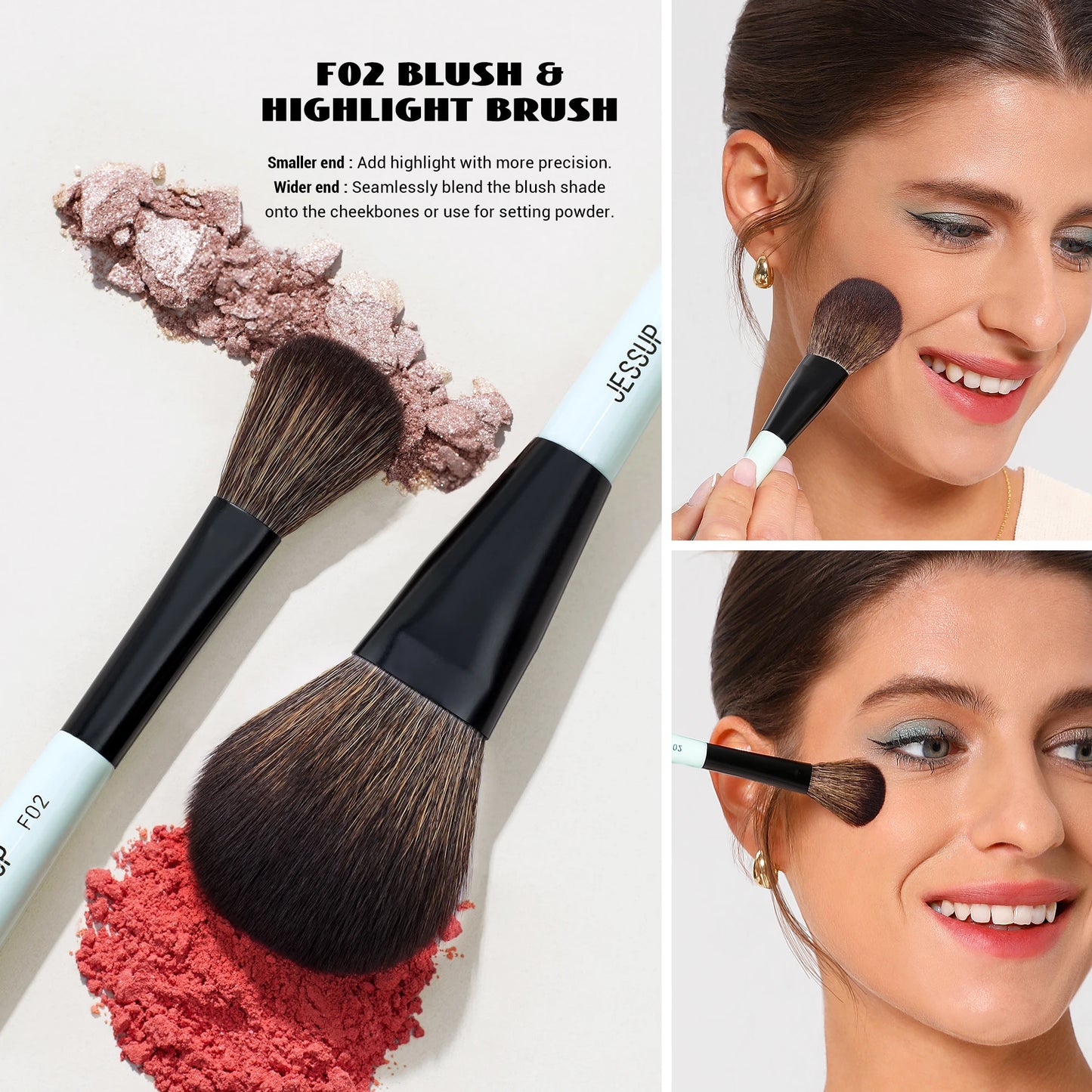 Jessup Face Makeup Brushes Set 2/3/5pcs,Double Ended Makeup Brush Foundation Contour Concealer, Cruelty -free, Bright Cyan T503