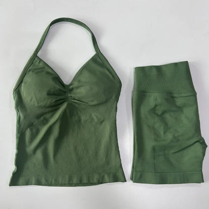 2 Pieces Impact Sports Set Women Backless Tank Yoga Tops High Waist Scrunch Seamless Shorts Sport Gym Set Sportswear Workout Set