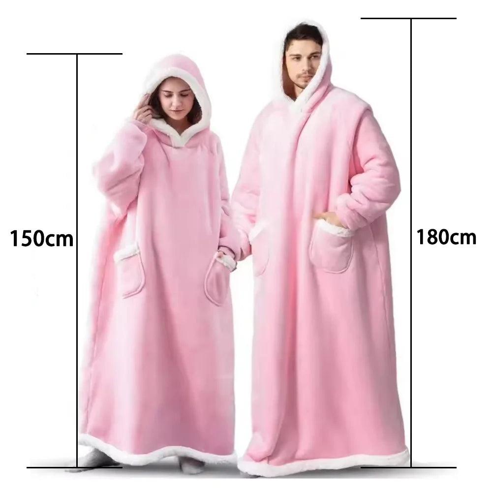 180cm Super Long Flannel Blanket Pyjamas with Sleeves Winter Hoodies Sweatshirt Women Men Pullover Fleece Giant Oversized Outdoor