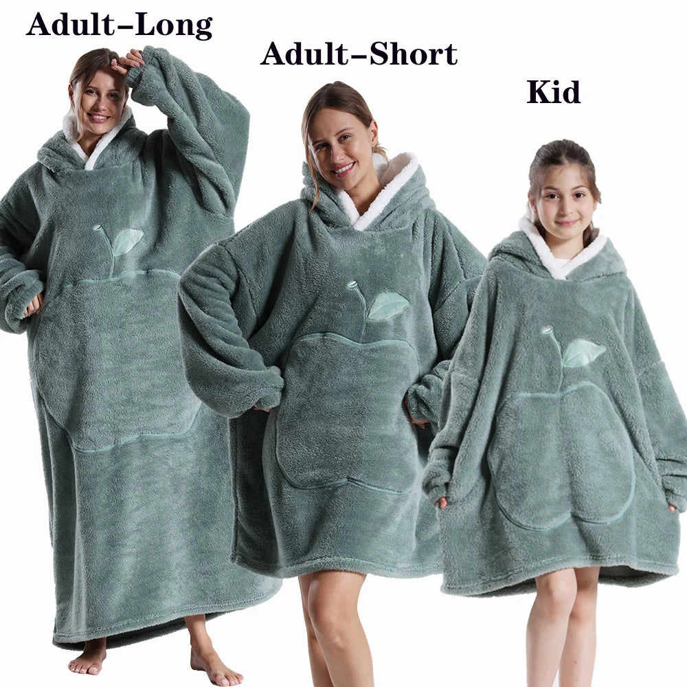 Men Women Oversized Blanket Hoodie - Extra Long Warm Soft Fleece Pullover with Long Flannel Sleeves