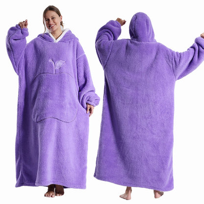 Winter Hooded Sweater Blanket Women Oversized Fleece Blanket With Sleeves Large Pocket Warm Thick Hoodie Robe Couple