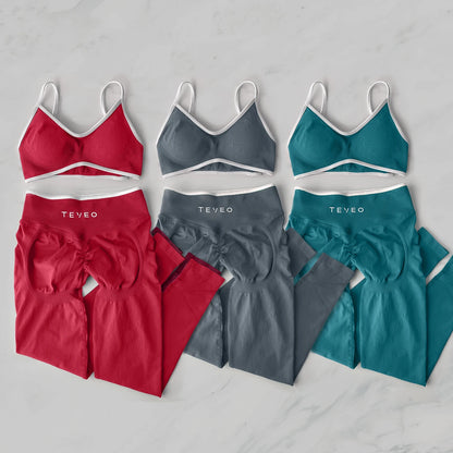 TEVEO 2 Pieces Gym Set Woman leggings  Workout Clothes Bra set Seamless Scrunch legging Yoga Set