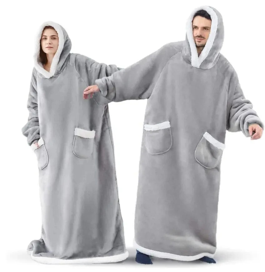 180cm Super Long Flannel Blanket Pyjamas with Sleeves Winter Hoodies Sweatshirt Women Men Pullover Fleece Giant Oversized Outdoor