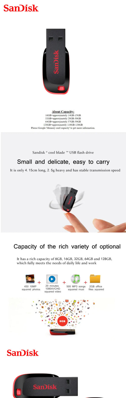 Sandisk Pendrive 128gb 64gb 32gb 16gb Mini USB Flash Drive 32 64 128 16 GB Pen Drive 2.0 USB Stick Disk on Key Memory For Phone