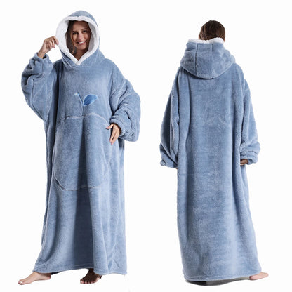Winter Hooded Sweater Blanket Women Oversized Fleece Blanket With Sleeves Large Pocket Warm Thick Hoodie Robe Couple
