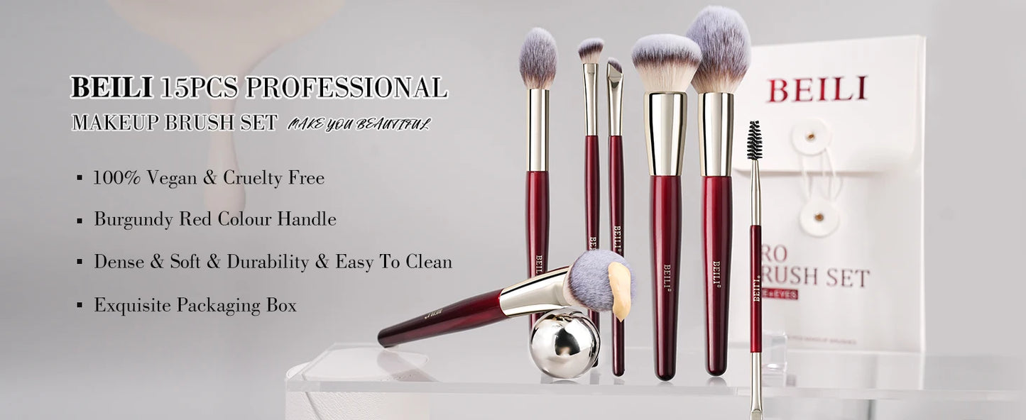BEILI 12/15 PCS Professional Makeup Brushes Sets Vegan Premium Cosmetics Tool Kakubi Powder Angled Contour Blush Eyeshadow Brush