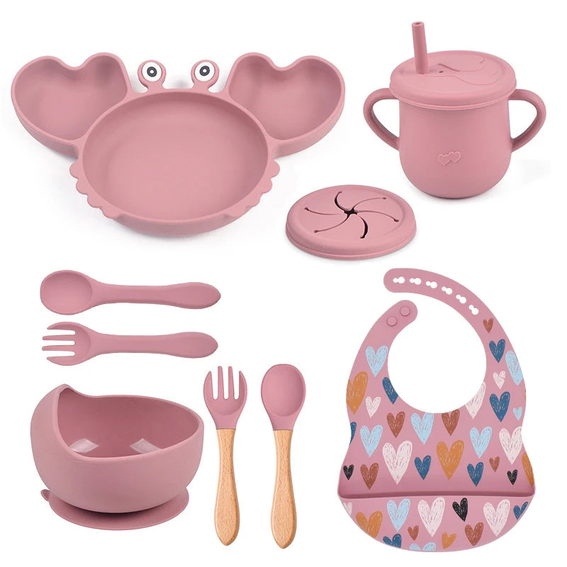 9Pcs Baby Silicone non-Slip Suction Bowl Plate Spoon Waterproof Bib Cup Set Baby Crab Dishes Food Feeding Bowl for Kids BPA Free