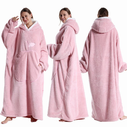 Winter Hooded Sweater Blanket Women Oversized Fleece Blanket With Sleeves Large Pocket Warm Thick Hoodie Robe Couple