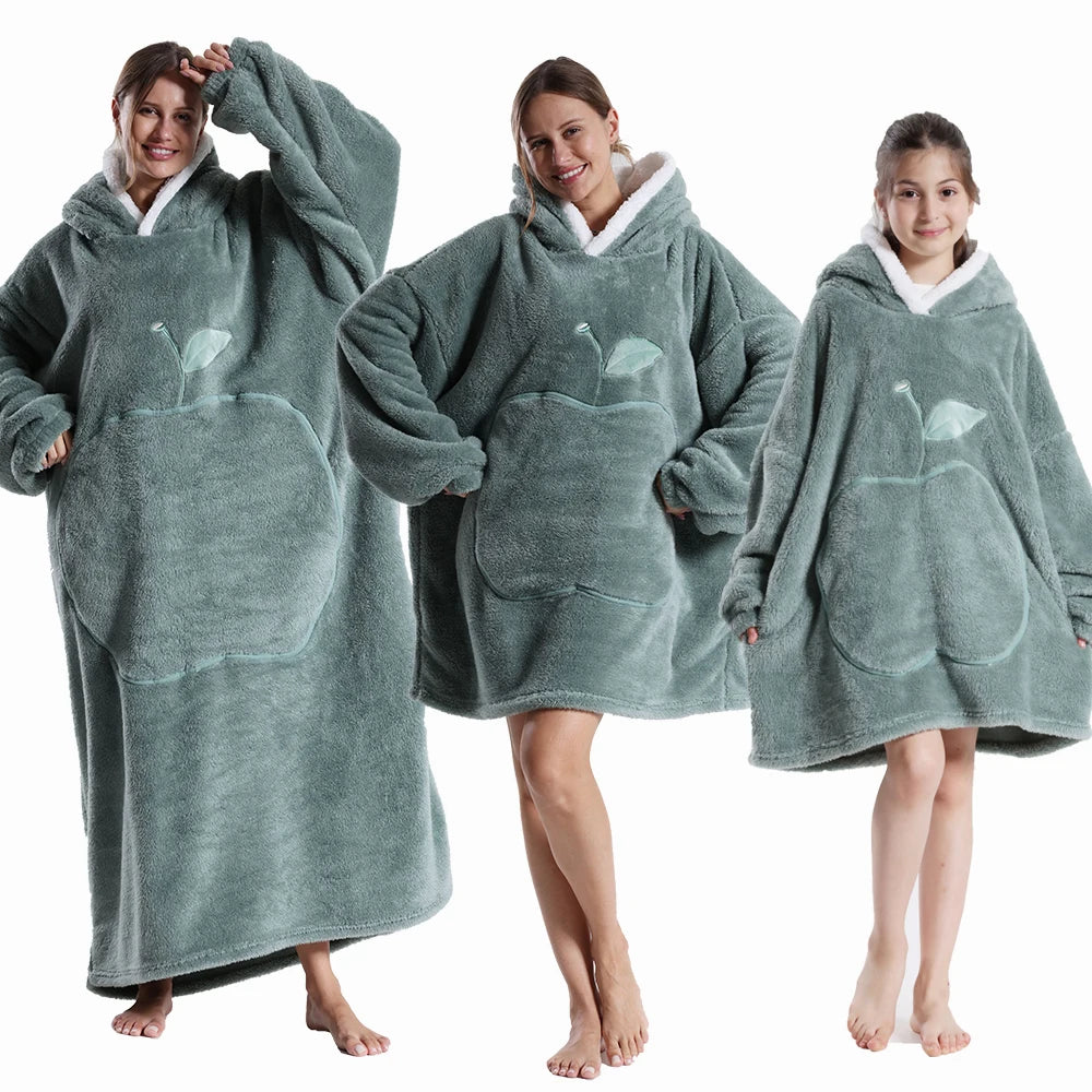 Men Women Oversized Blanket Hoodie - Extra Long Warm Soft Fleece Pullover with Long Flannel Sleeves