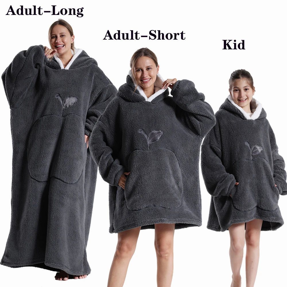 Men Women Oversized Blanket Hoodie - Extra Long Warm Soft Fleece Pullover with Long Flannel Sleeves