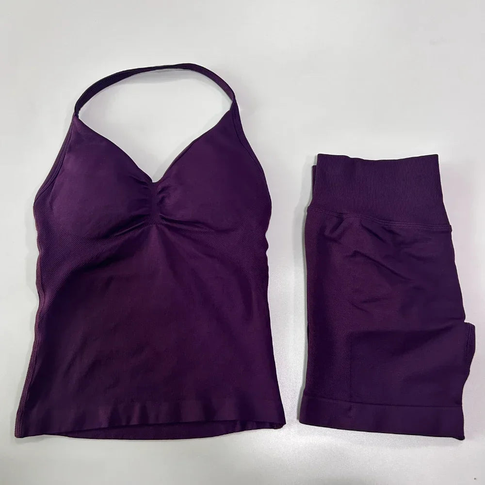 2 Pieces Impact Sports Set Women Backless Tank Yoga Tops High Waist Scrunch Seamless Shorts Sport Gym Set Sportswear Workout Set