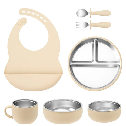 Kids 7PCS Stainless Steel & Silicone Feeding Set Sucker Dishes Plate Bowl BPA Free Toddler Bib Fork Spoon Cup Baby Stuff