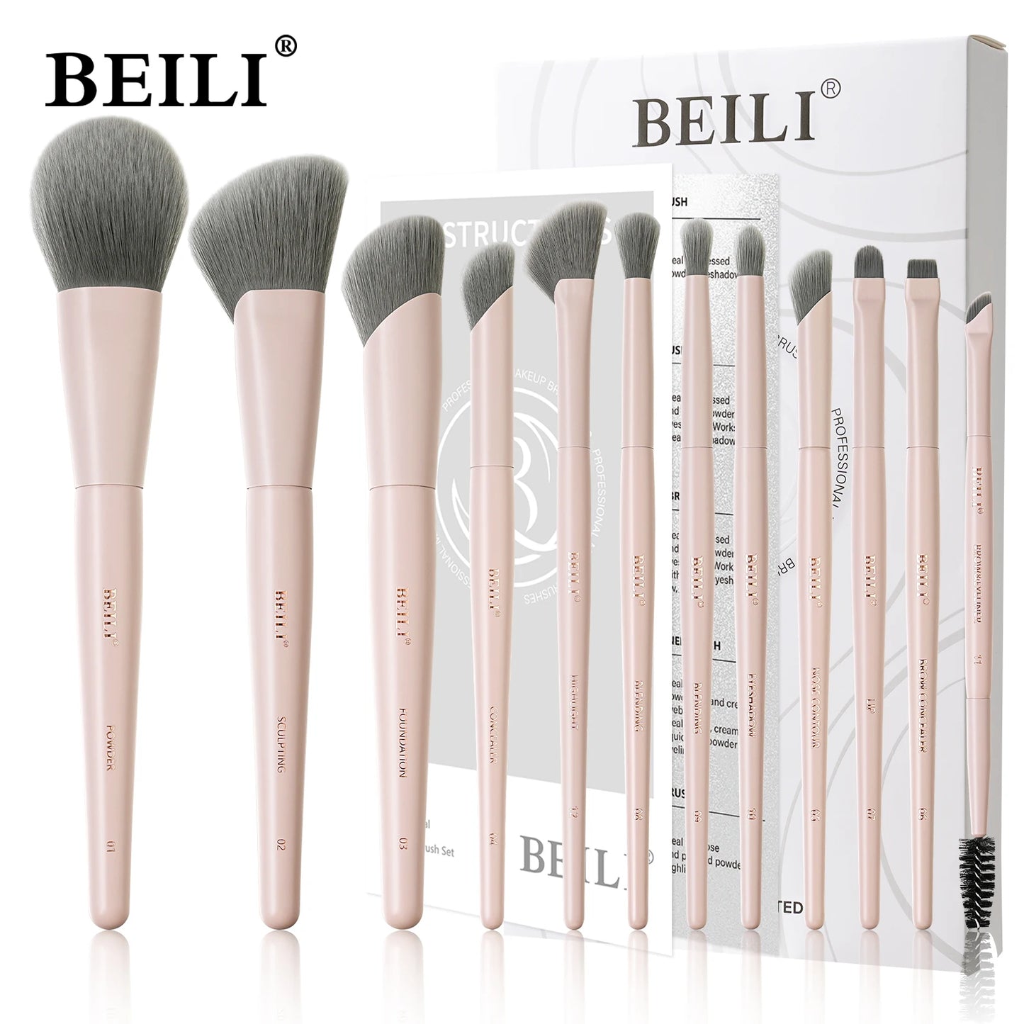 BEILI 12/15 PCS Professional Makeup Brushes Sets Vegan Premium Cosmetics Tool Kakubi Powder Angled Contour Blush Eyeshadow Brush