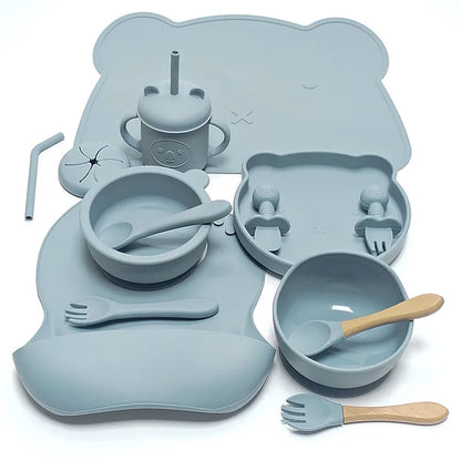 14pcs Silicone Baby Tableware Set Food Children Supplementary Bowl Baby Dinner Plate Fork Spoon Bib Non-slip Bowl Drop-proof Bow
