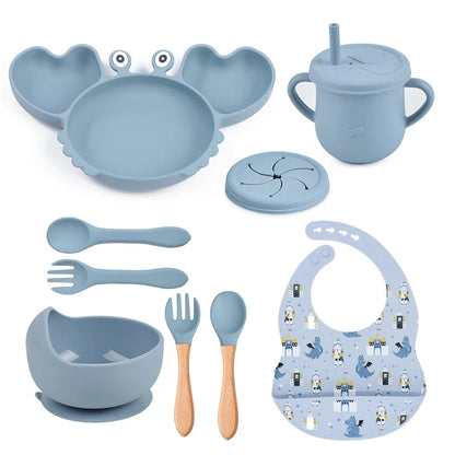 9Pcs Baby Silicone non-Slip Suction Bowl Plate Spoon Waterproof Bib Cup Set Baby Crab Dishes Food Feeding Bowl for Kids BPA Free