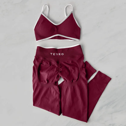 TEVEO 2 Pieces Gym Set Woman leggings  Workout Clothes Bra set Seamless Scrunch legging Yoga Set