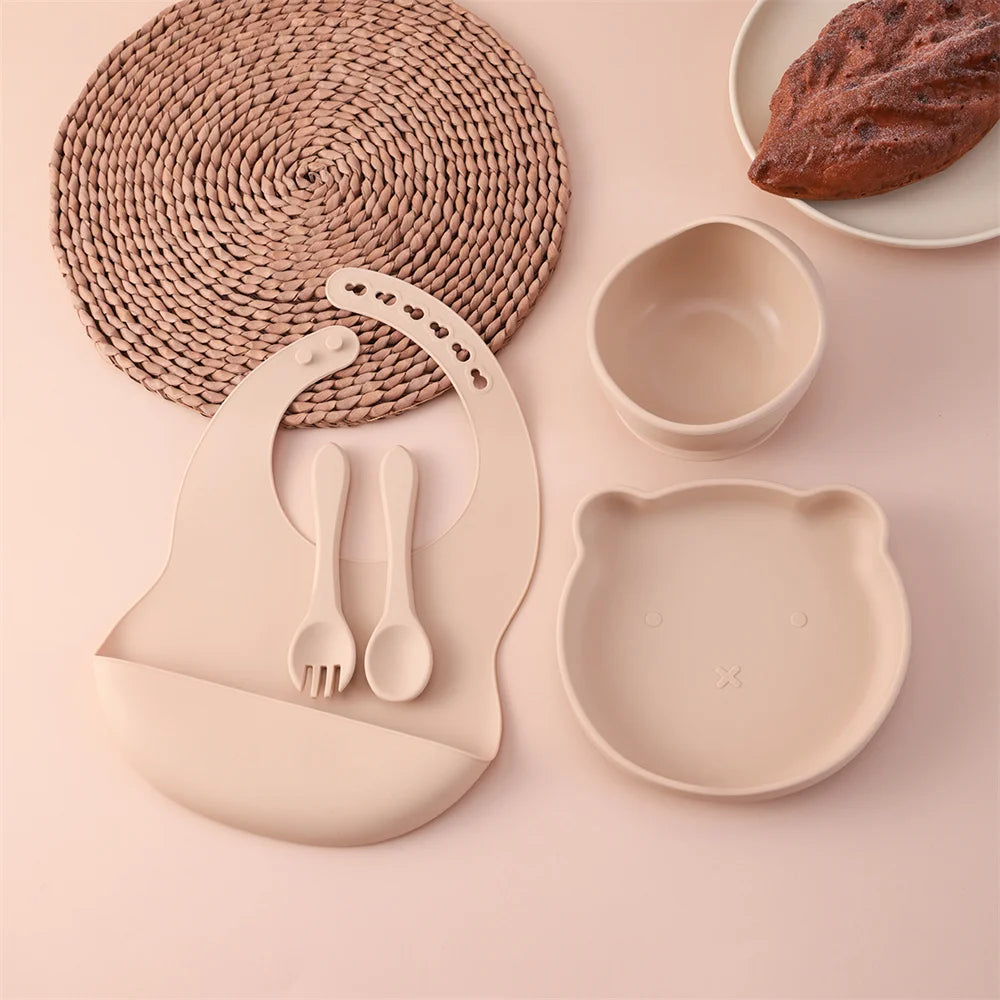 Kids 5PCS Food Grade Silicone Feeding Set Sucker Dishes Plate Self Feeding Bowl BPA Free Toddler Meal Essentials