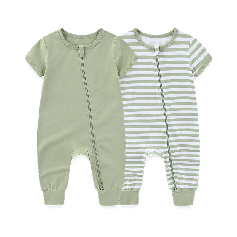 Kiddiezoom 2 Pcs/Lot Unisex Solid Short Sleeve Zipper Baby Boy Girl Romper Cotton Soft Newborn Jumpsuits Clothing