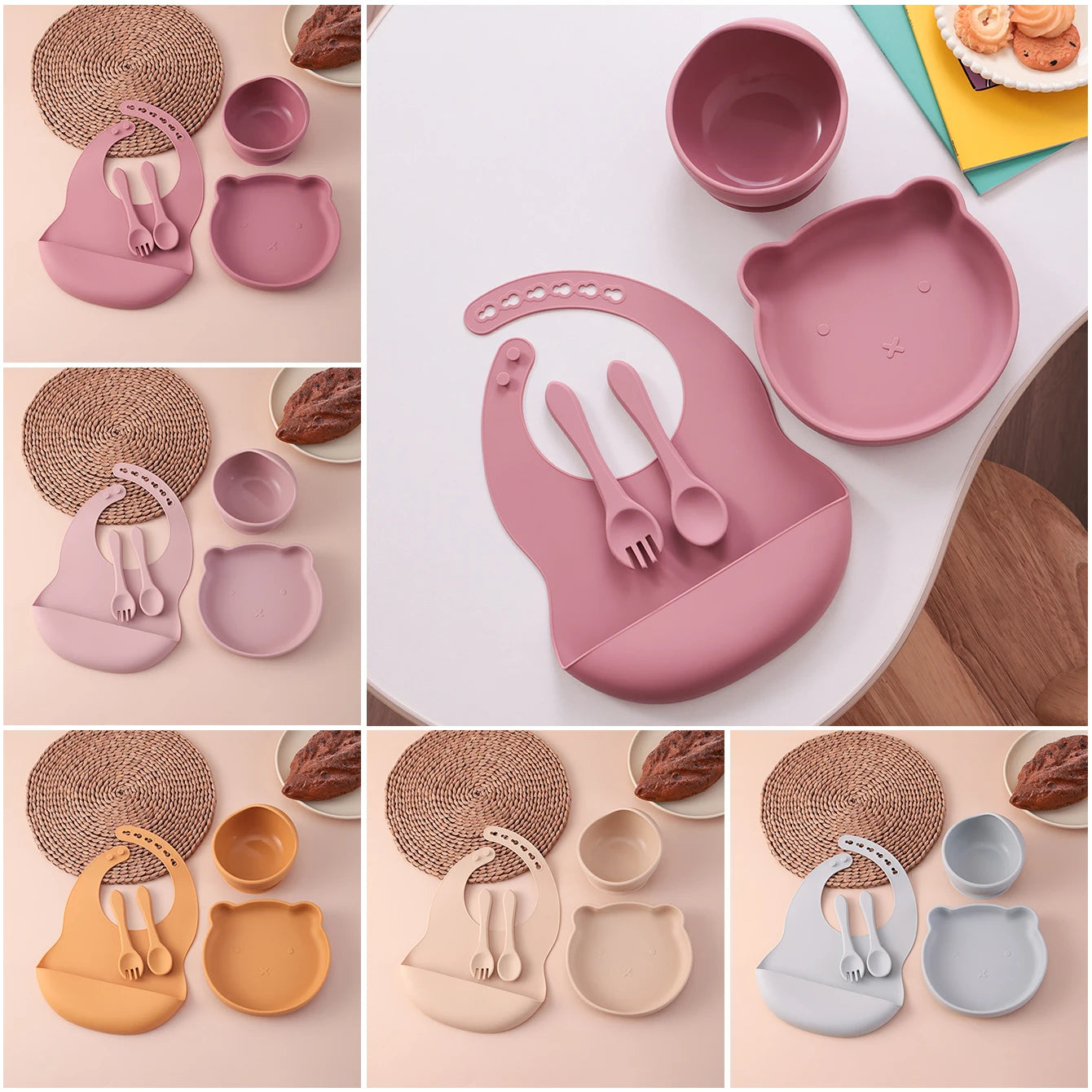 Kids 5PCS Food Grade Silicone Feeding Set Sucker Dishes Plate Self Feeding Bowl BPA Free Toddler Meal Essentials