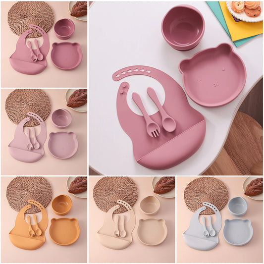 Kids 5PCS Food Grade Silicone Feeding Set Sucker Dishes Plate Self Feeding Bowl BPA Free Toddler Meal Essentials