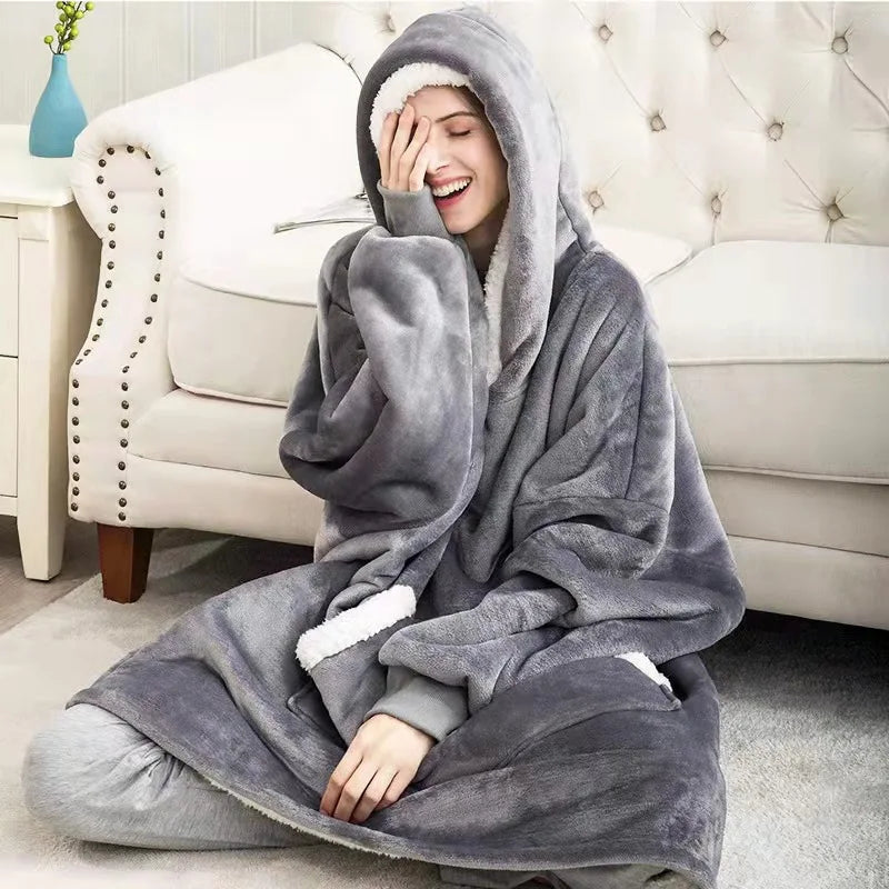 180cm Super Long Flannel Blanket Pyjamas with Sleeves Winter Hoodies Sweatshirt Women Men Pullover Fleece Giant Oversized Outdoor