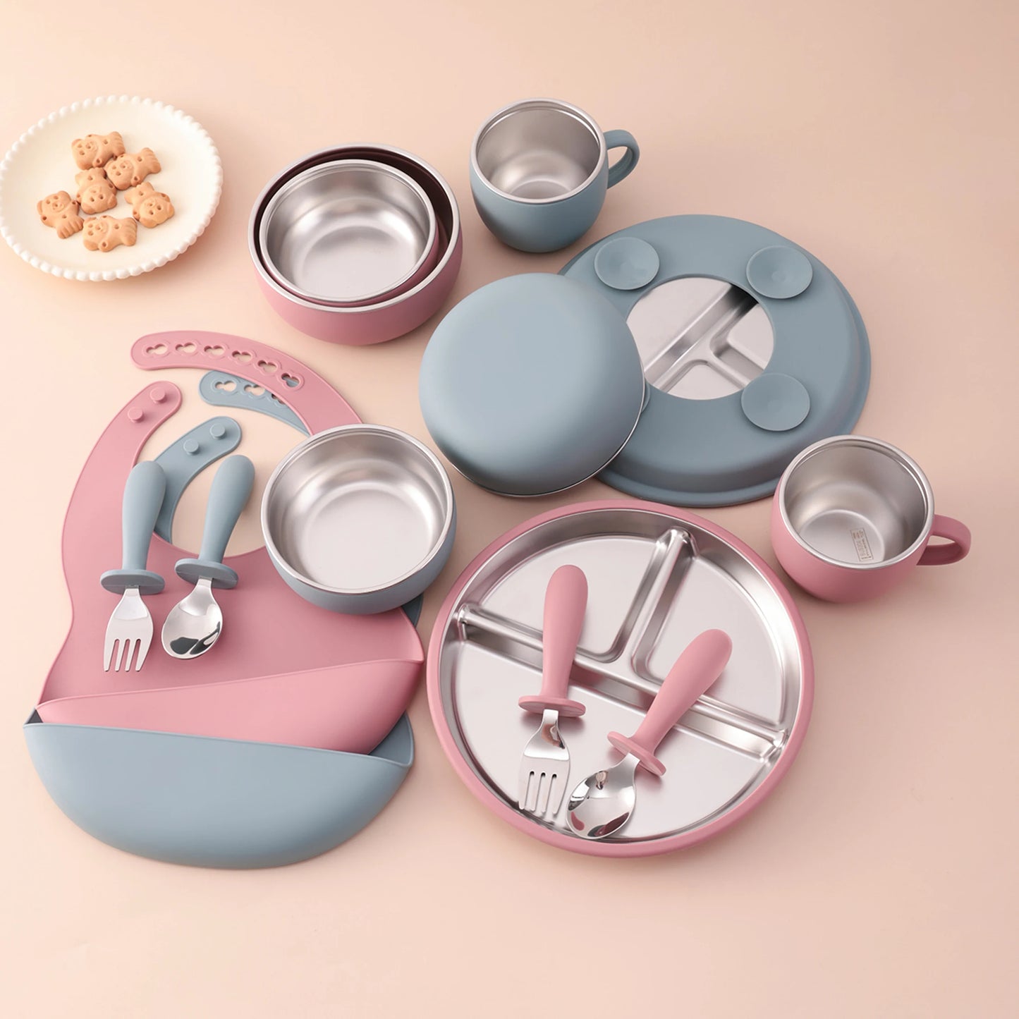 Kids 7PCS Stainless Steel & Silicone Feeding Set Sucker Dishes Plate Bowl BPA Free Toddler Bib Fork Spoon Cup Baby Stuff