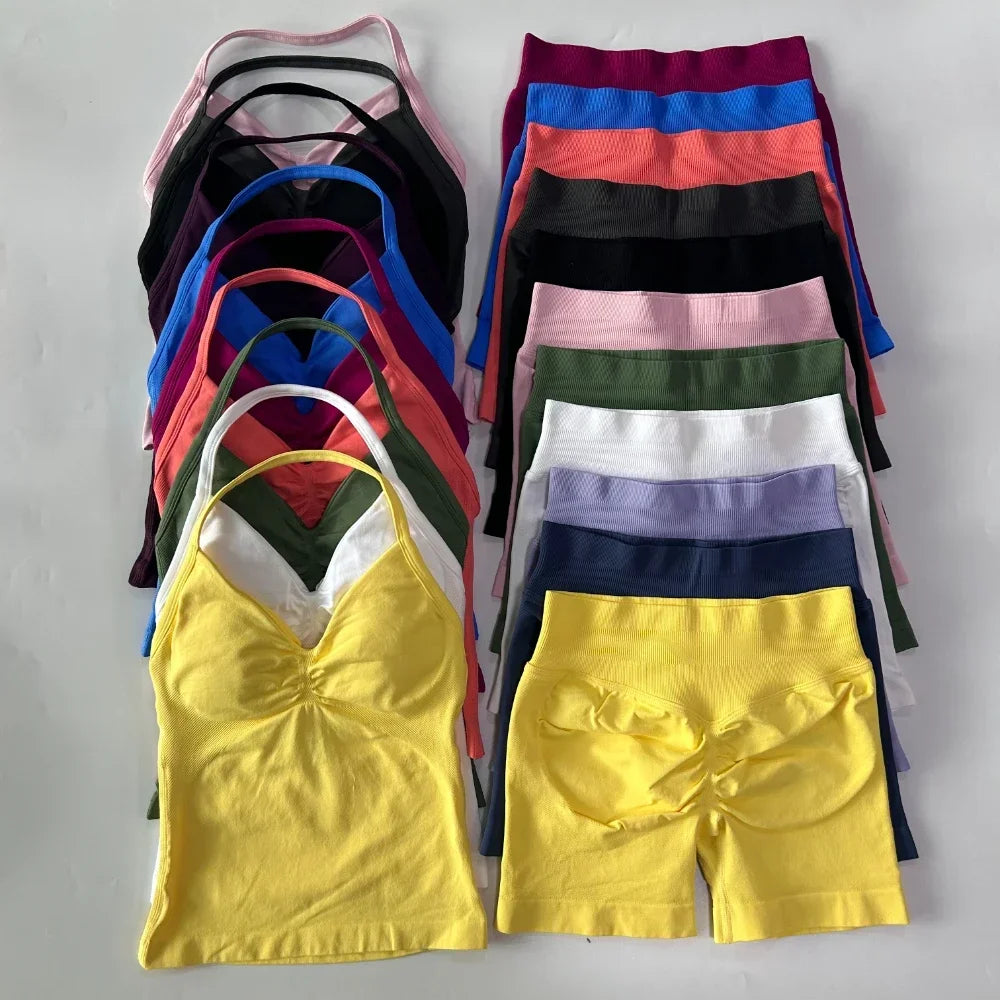 2 Pieces Impact Sports Set Women Backless Tank Yoga Tops High Waist Scrunch Seamless Shorts Sport Gym Set Sportswear Workout Set