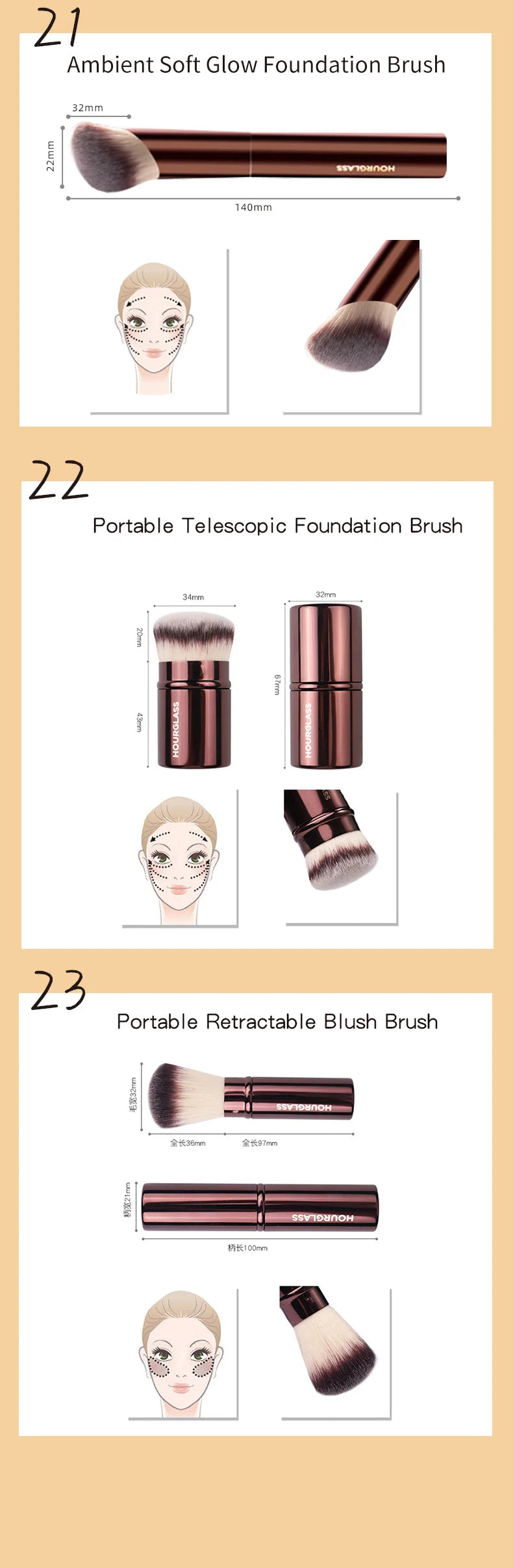 Hourglass Makeup Brush Set & Kit Include Powder Foundation Concealer Lip Blusher Bronzer Eyeshadow Eyeliner Highlight Brush