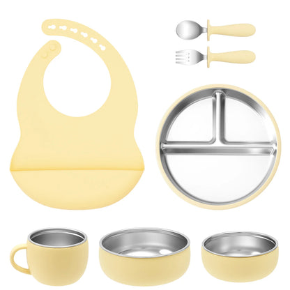 Kids 7PCS Stainless Steel & Silicone Feeding Set Sucker Dishes Plate Bowl BPA Free Toddler Bib Fork Spoon Cup Baby Stuff