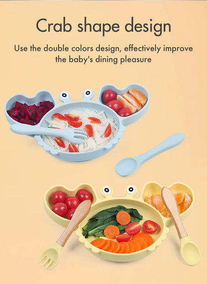 9Pcs Baby Silicone non-Slip Suction Bowl Plate Spoon Waterproof Bib Cup Set Baby Crab Dishes Food Feeding Bowl for Kids BPA Free