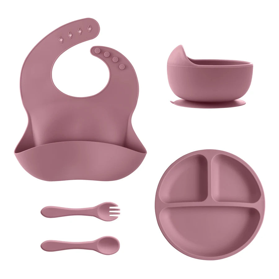 5Pcs Baby Silicone Feeding Set Round Dining Plate Sucker Bowl Dishes For Kids Baby Waterproof Bib Spoon Children's Tableware