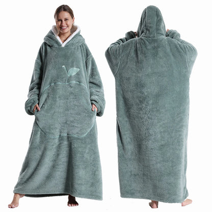 Winter Hooded Sweater Blanket Women Oversized Fleece Blanket With Sleeves Large Pocket Warm Thick Hoodie Robe Couple