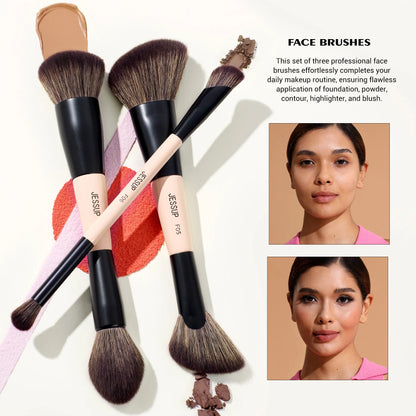 Jessup Double Sided Makeup Brush with Sponge , 3/5/7PCS Eyeshadow Makeup Brushes Set Vegan Hair Powder Contour Highlighter
