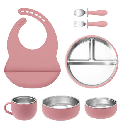 Kids 7PCS Stainless Steel & Silicone Feeding Set Sucker Dishes Plate Bowl BPA Free Toddler Bib Fork Spoon Cup Baby Stuff