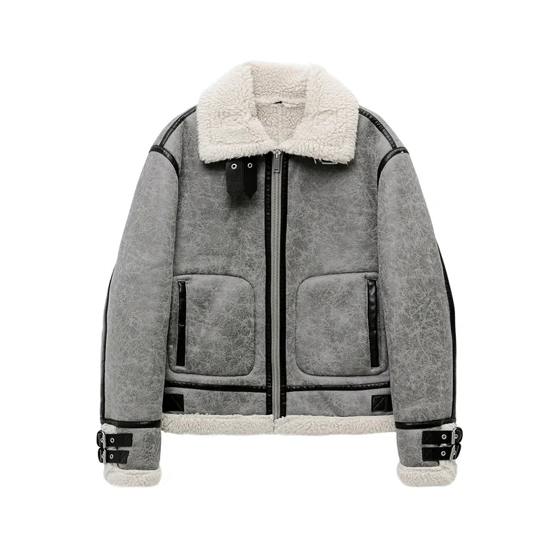 RARF 2024 men's new gray thick lapel fur one fleece double-sided jacket Warm men's motorcycle jacket top