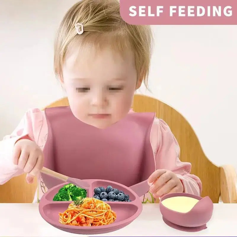 6 PCS Baby Tableware Set Christmas Gifts Sailicone Set Childrens Meal Training Set Cutlery Feeding Bowl Party Gift