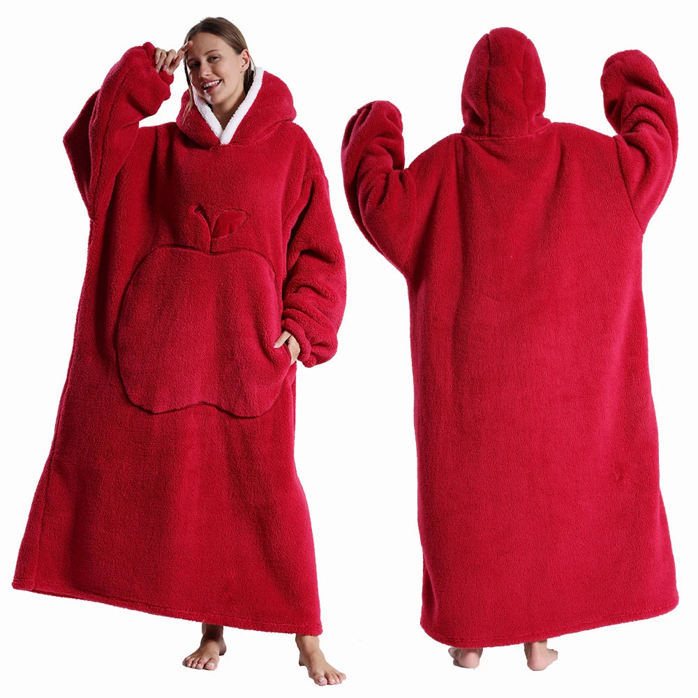 Winter Hooded Sweater Blanket Women Oversized Fleece Blanket With Sleeves Large Pocket Warm Thick Hoodie Robe Couple