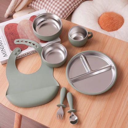 Kids 7PCS Stainless Steel & Silicone Feeding Set Sucker Dishes Plate Bowl BPA Free Toddler Bib Fork Spoon Cup Baby Stuff