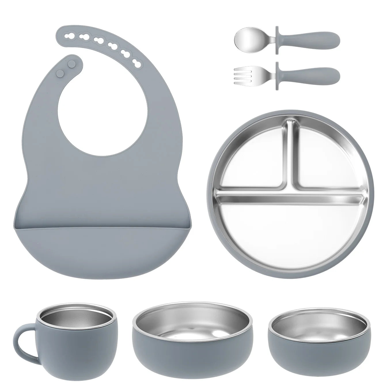 Kids 7PCS Stainless Steel & Silicone Feeding Set Sucker Dishes Plate Bowl BPA Free Toddler Bib Fork Spoon Cup Baby Stuff
