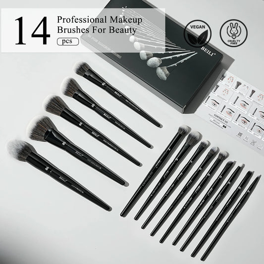BEILI Black Makeup Brush Set 14 Pcs Vegan Pro Powder Foundation Eyeshadow Highlighter Concealer Blush Eyebrow Brushes Beauty Kit