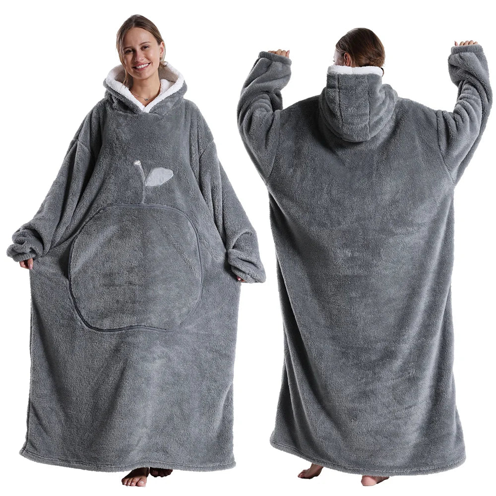 New Warm Wearable Blanket Winter Sweatshirt Oversized Flannel Sherpa Long Hoodie for Adults