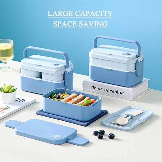 2in1 Bento Box,2 Layer Lunch Box for Adult Kids, 63oz Stackable Lunch Container with Spoons & forks,Leak Proof,Microwave Safe